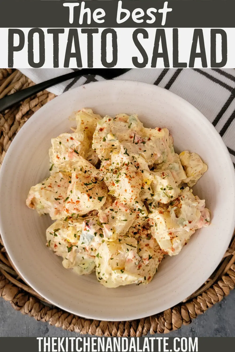 The best potato salad - potato salad in a bowl to be eaten. Pinterest image