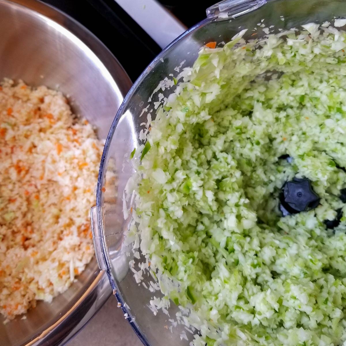 Carrots and cabbage done first and then cabbage and peppers done second in the food processor.