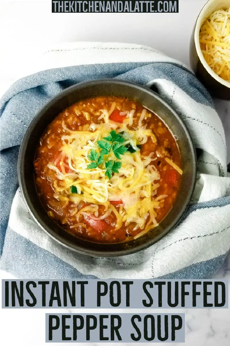 Instant Pot Stuffed Pepper Soup Pinterest image - bowl of stuffed pepper soup with melted cheese on top and parsley as a garnish.