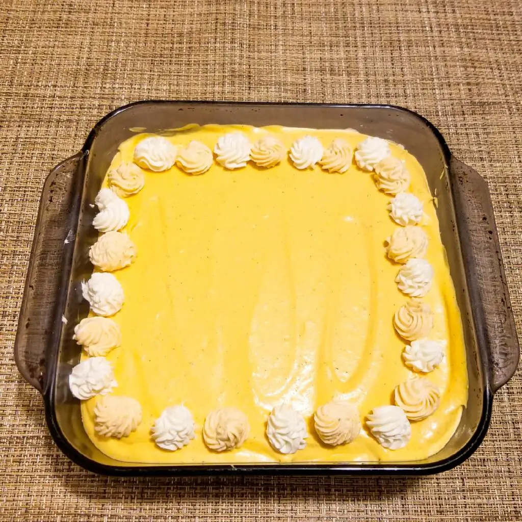 The cheesecake made in the 8x8 glass dish