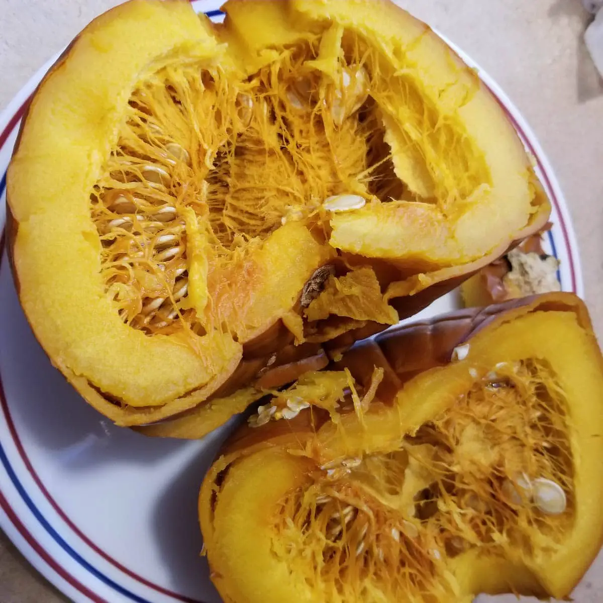 Pumpkin cut in half after cooking before removing seeds.