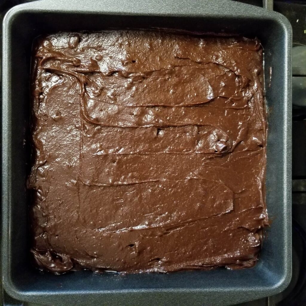 Smoothed out in a baking dish ready to go into the oven