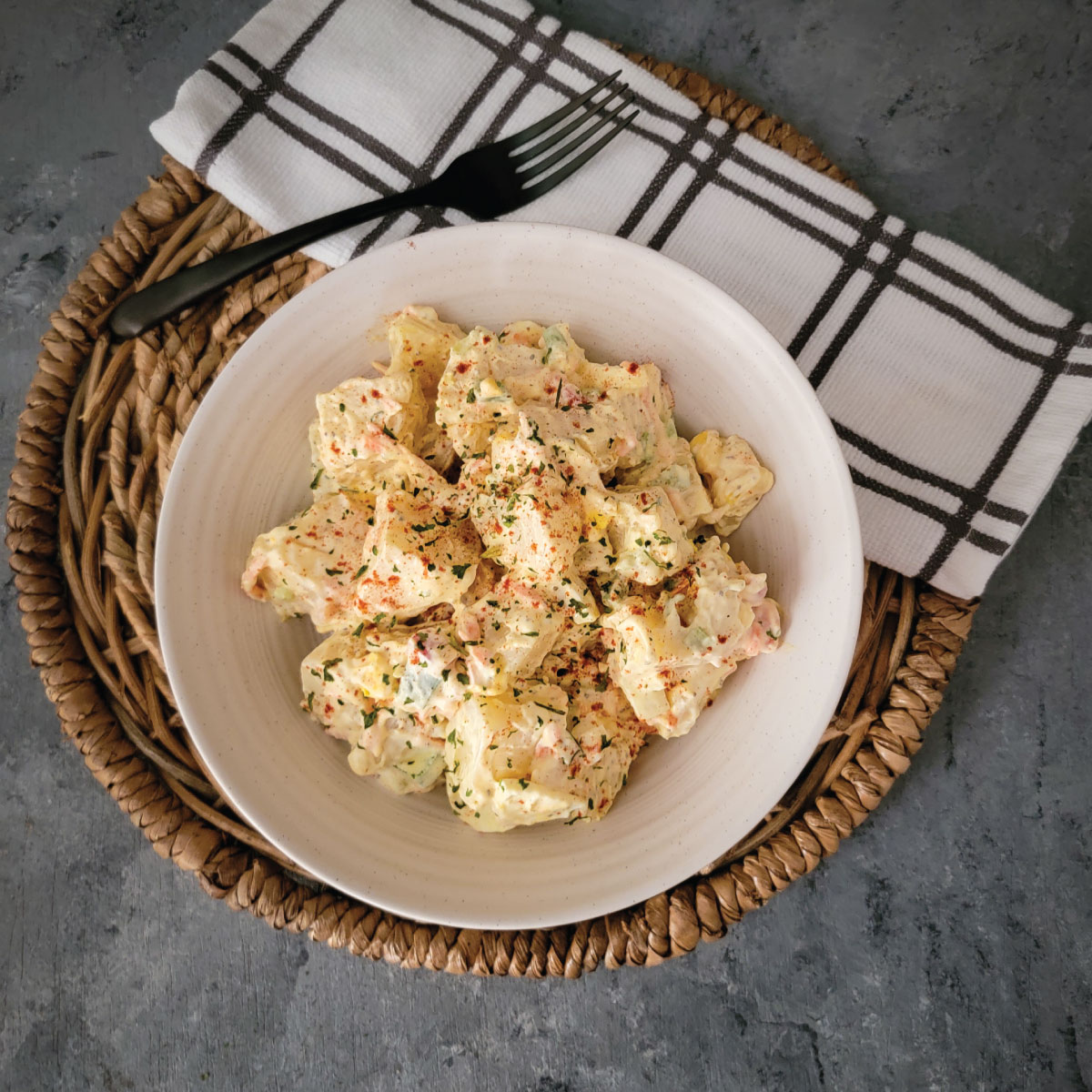 Potato salad prepared and in the bowl ready to be served