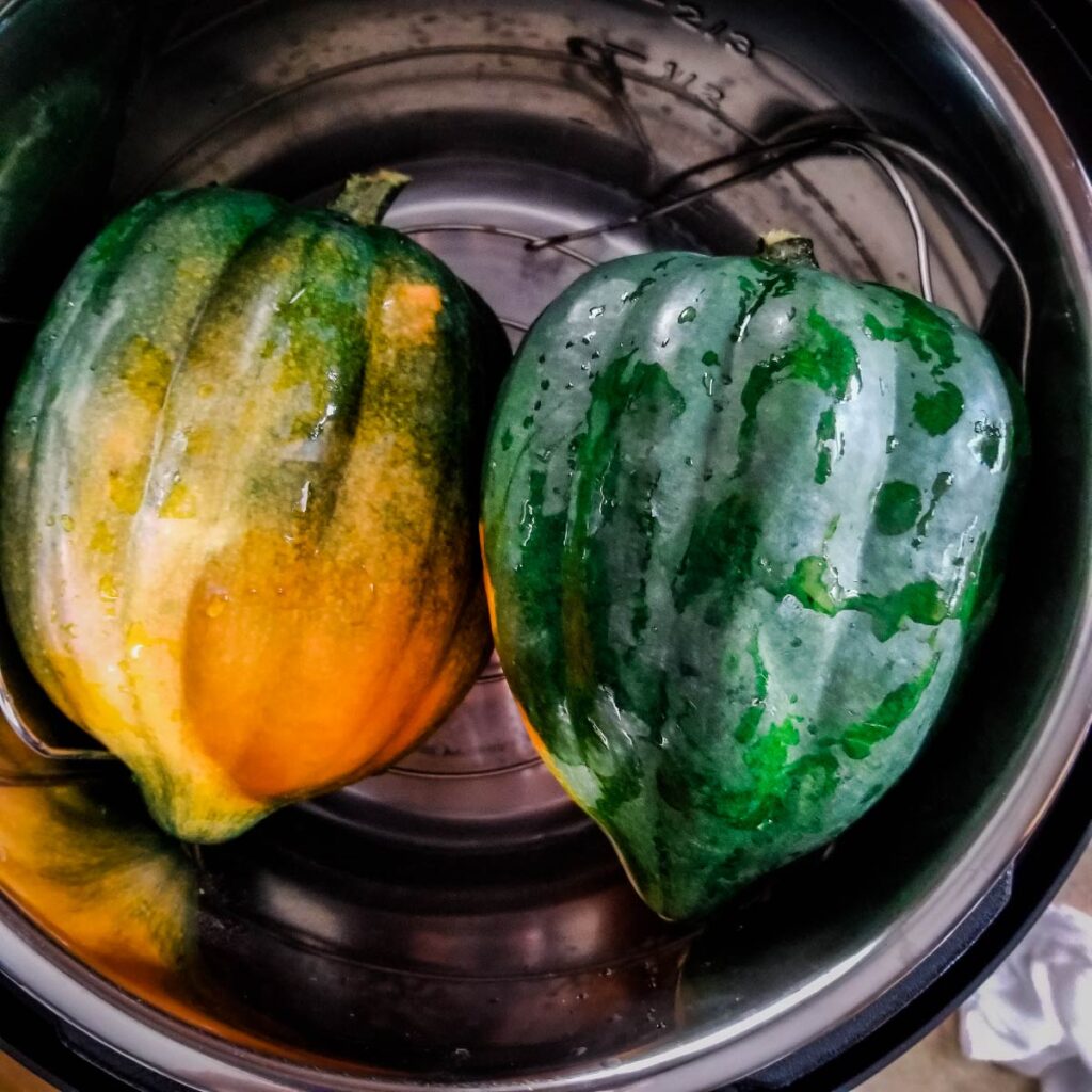 Two acorn squash rinsed off and ready to cook in the Instant Pot