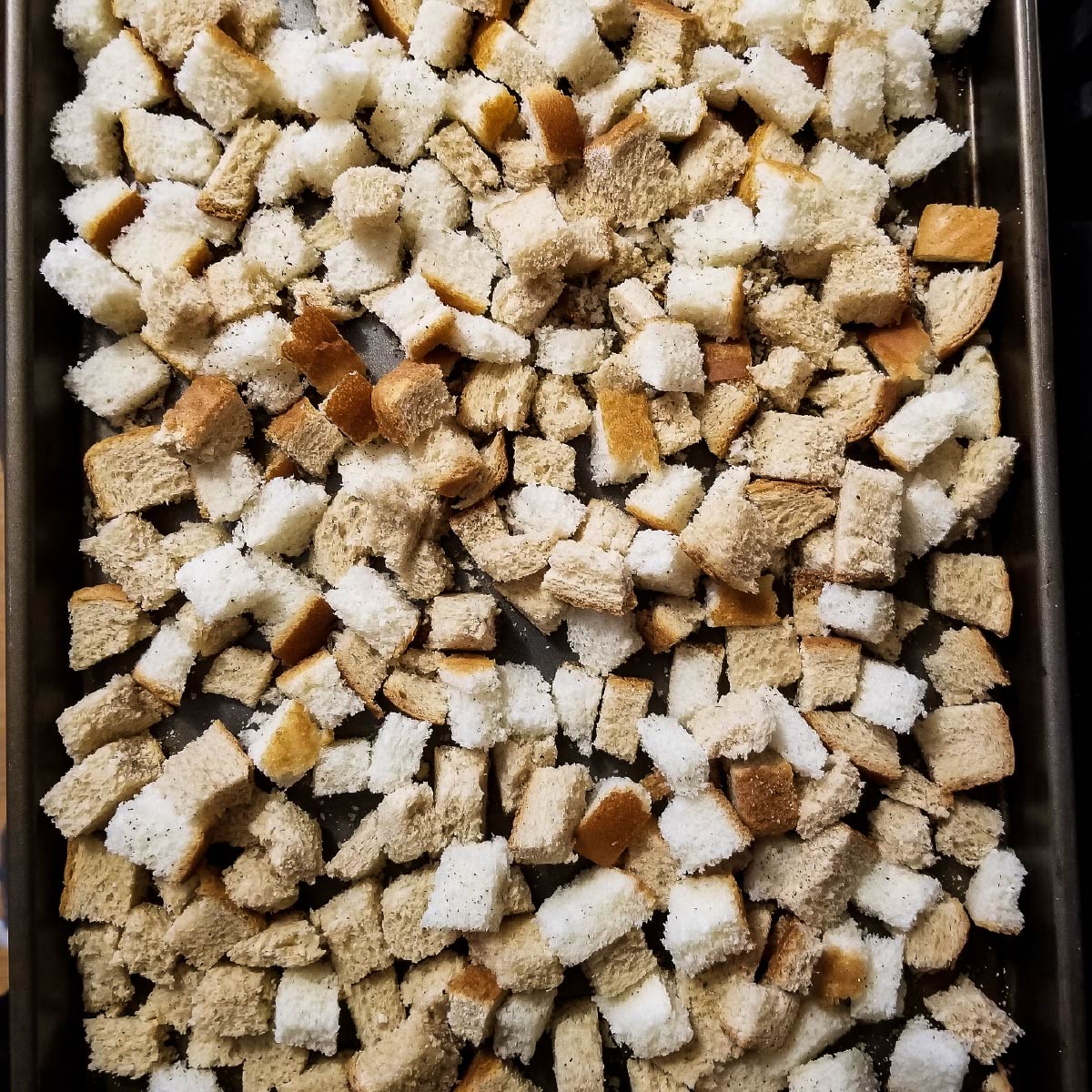 Bread cubes on a baking tray that just came out of the oven.