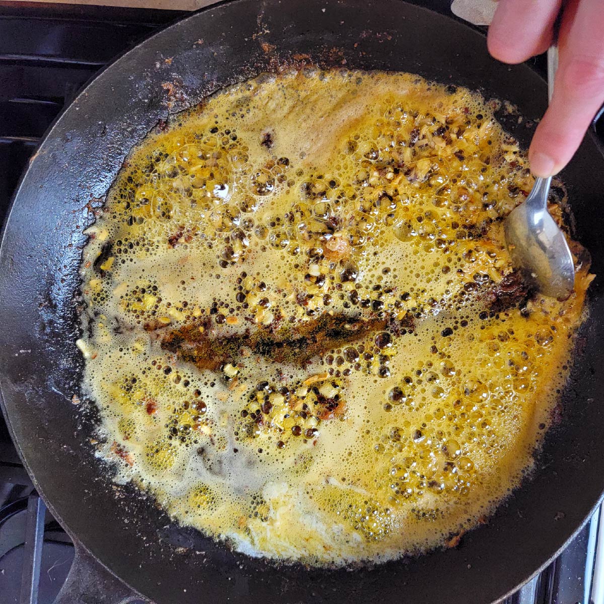 The crunchies are starting to form on the bottom of the pan