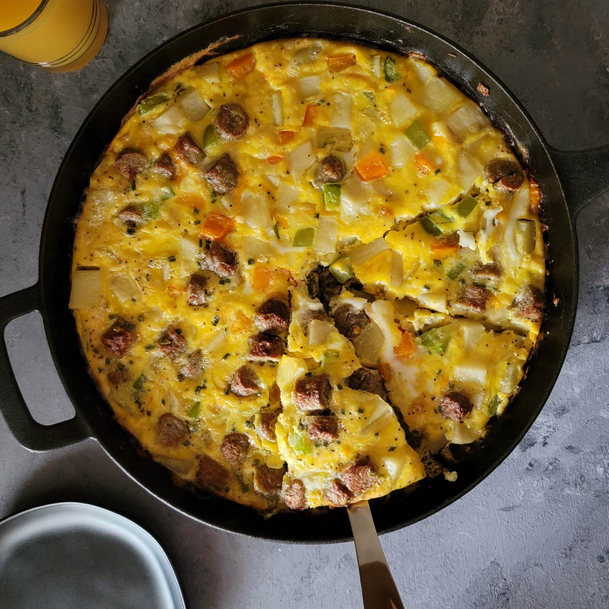 Breakfast casserole in the cast iron pan ready to be served