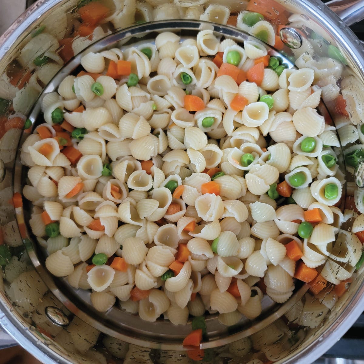 small shells, peas and carrots together in a strainer after being cooked and drained.