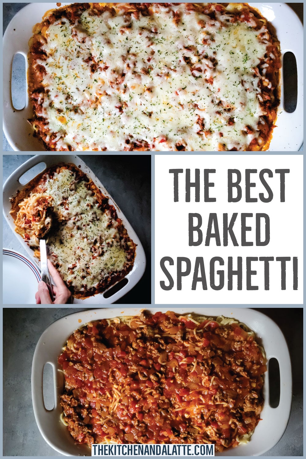 The best baked spaghetti Pinterest image. 3 images, 2 of them are the casserole after baking ready to serve and the other is the casserole before adding the top layer of cheese.