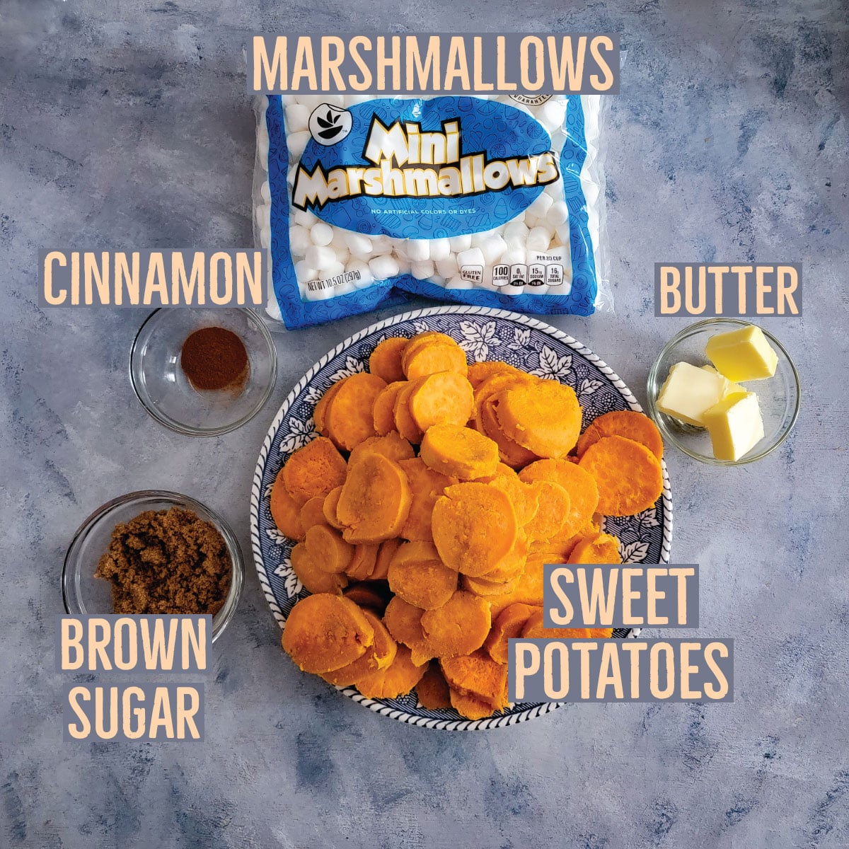 Ingredients prepped - sweet potatoes, butter, brown sugar, cinnamon and marshmallows.