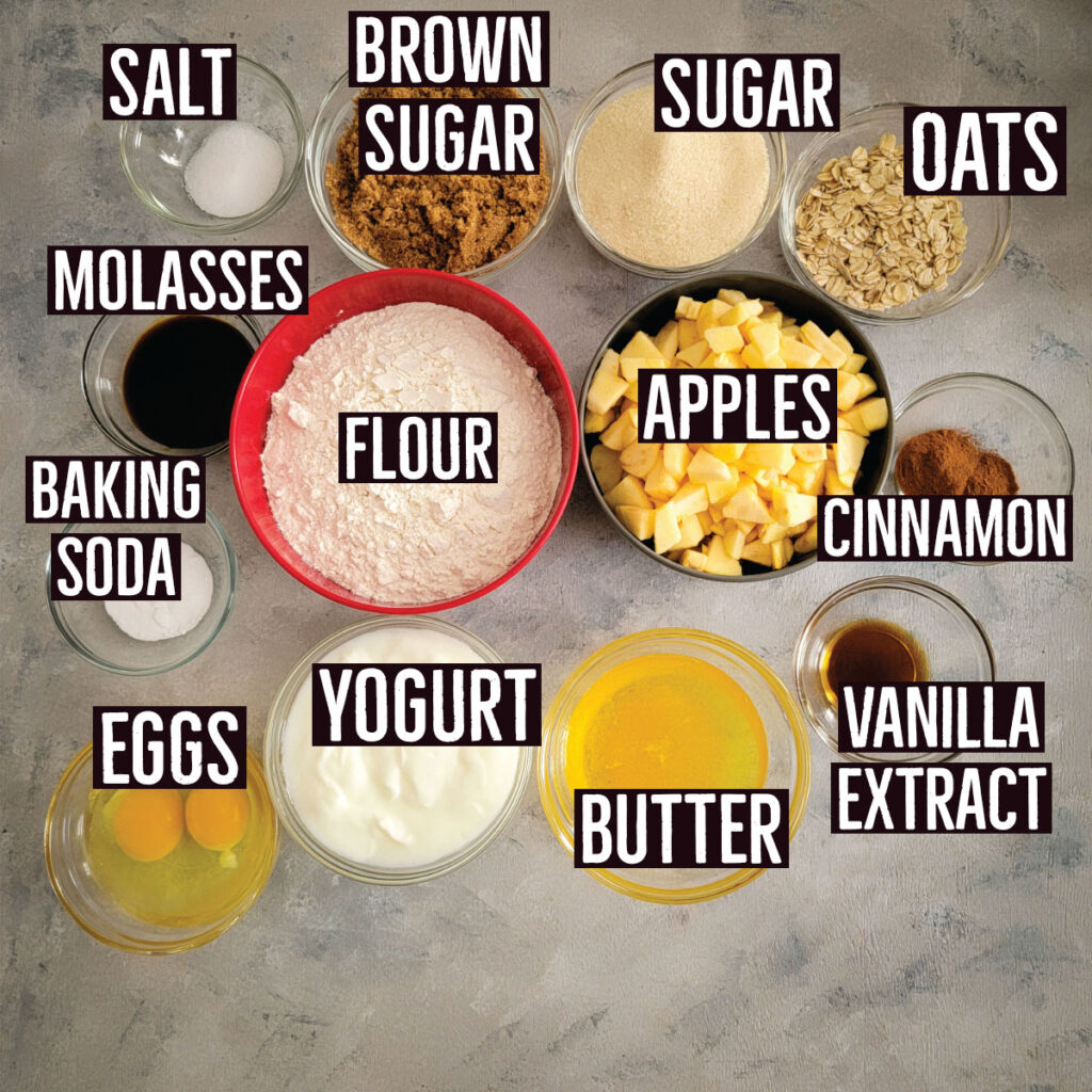 The ingredients for the cake in prep bowls - salt, brown sugar, sugar, oats, molasses, flour, apples, cinnamon, baking soda, eggs, yogurt, butter and vanilla extract.