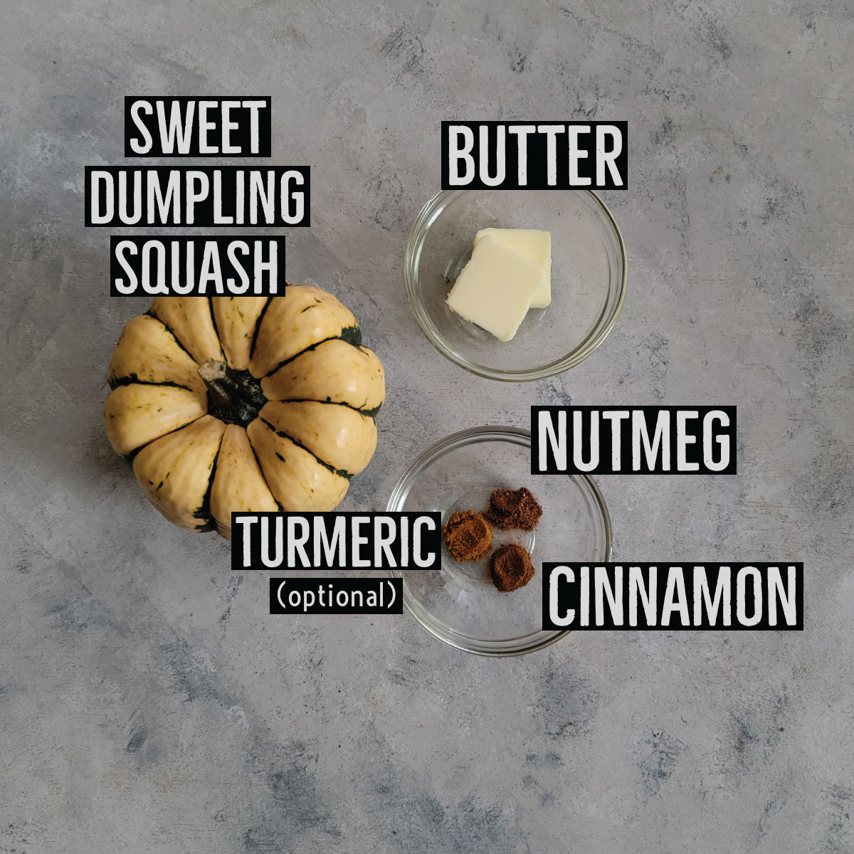 Ingredients in prep bowls - butter, nutmeg, cinnamon and turmeric (optional) along with a squash next to the bowls.