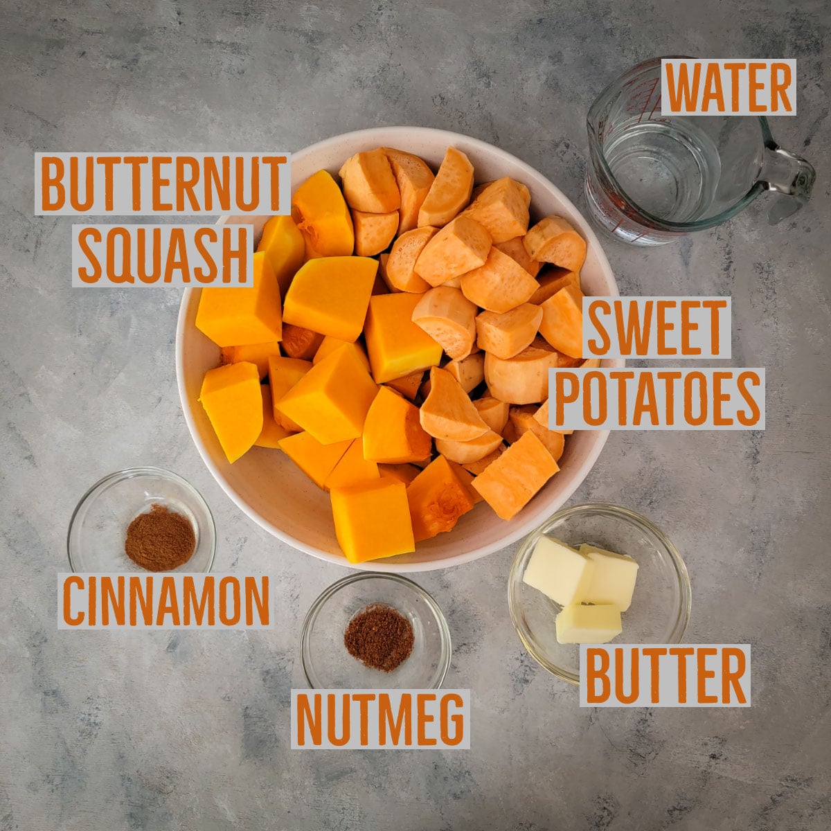 Ingredients prepped - squash cut, sweet potatoes cut, water, butter, nutmeg and cinnamon.