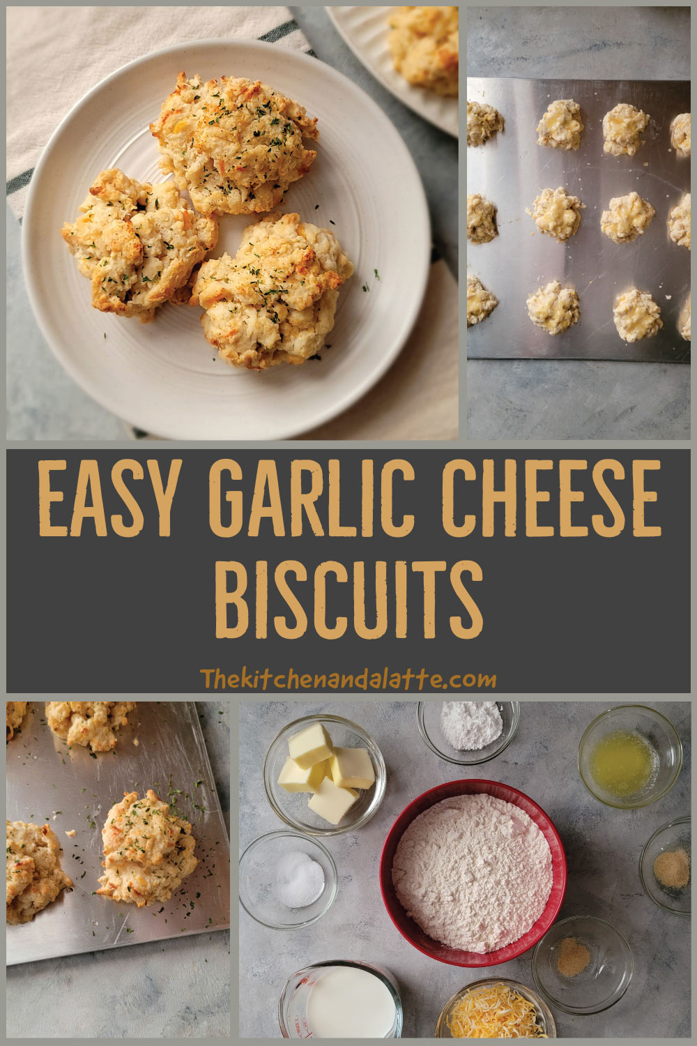 Easy garlic cheese biscuits Pinterest graphic. Images include - ingredients in prep bowls, biscuits on baking sheet after garnishing with parsley, biscuits on baking sheet before baking and 3 biscuits on a plate ready to eat.