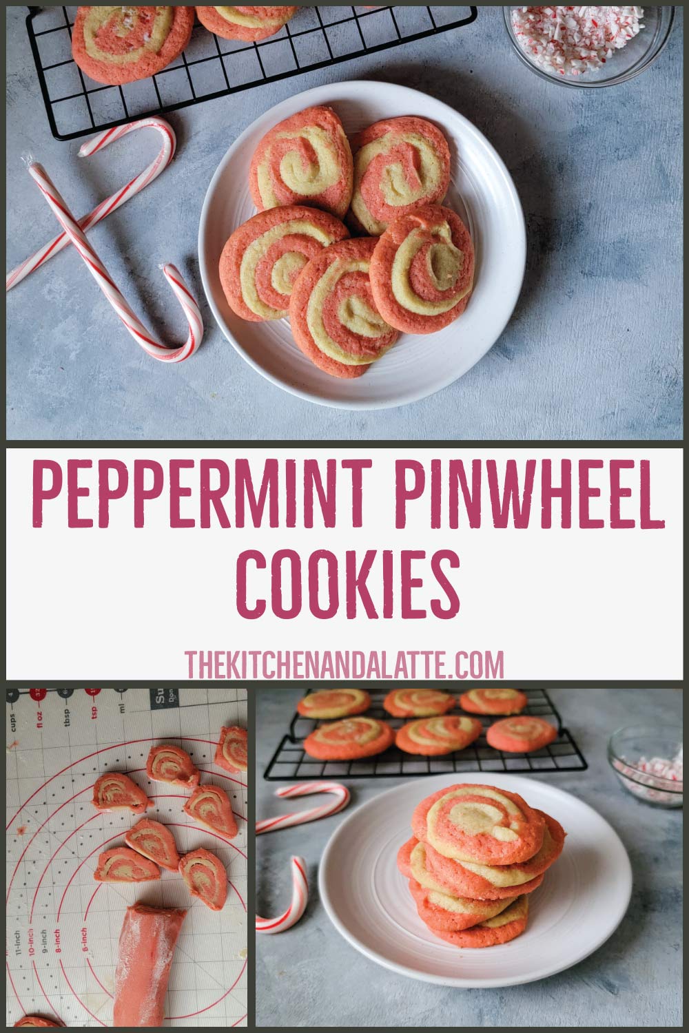 Peppermint pinwheel cookies Pinterest graphic. Dough rolled up and cut to bake. Cookies on a plate with some still on a cooling rack with candy canes for decoration.