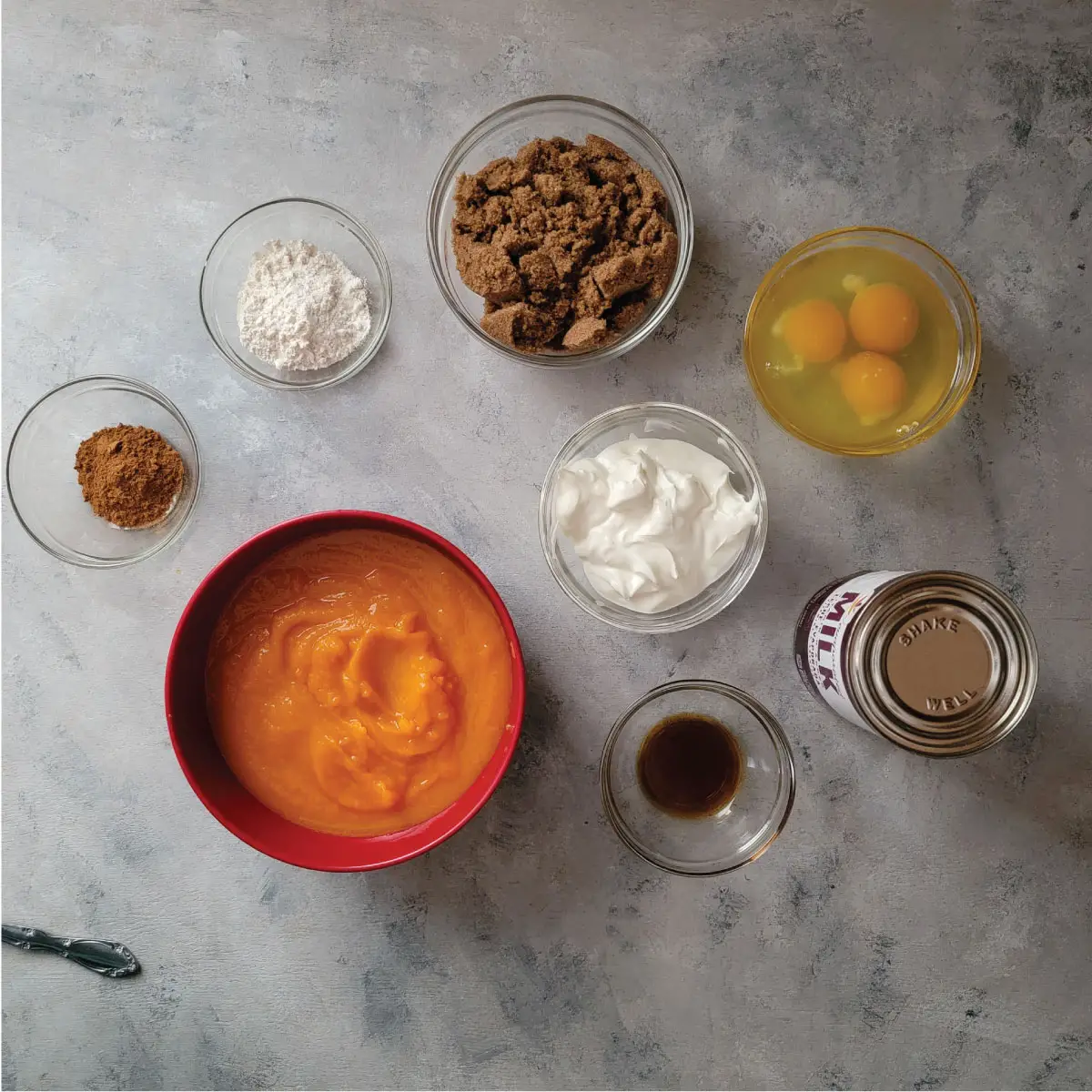 Ingredients for the pie - pumpkin puree, vanilla extract, evaporated milk, yogurt, eggs, brown sugar, flour and pumpkin pie spice.