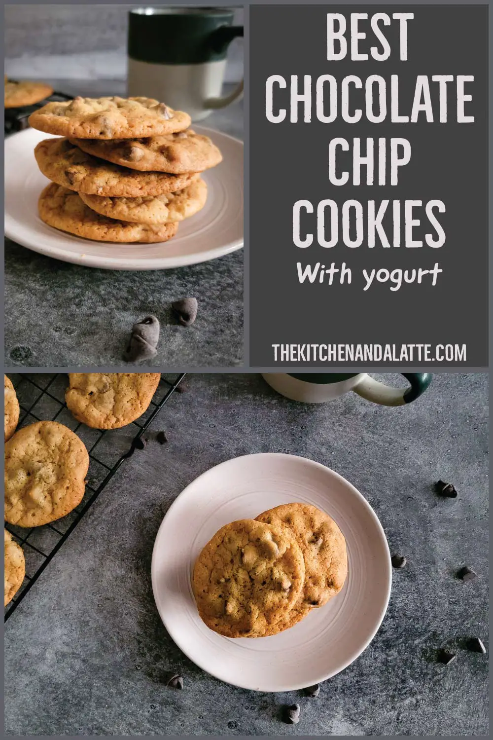 Best chocolate chip cookies with yogurt Pinterest graphic. Chocolate chip cookies on a small plate with a cup of coffee next to them.