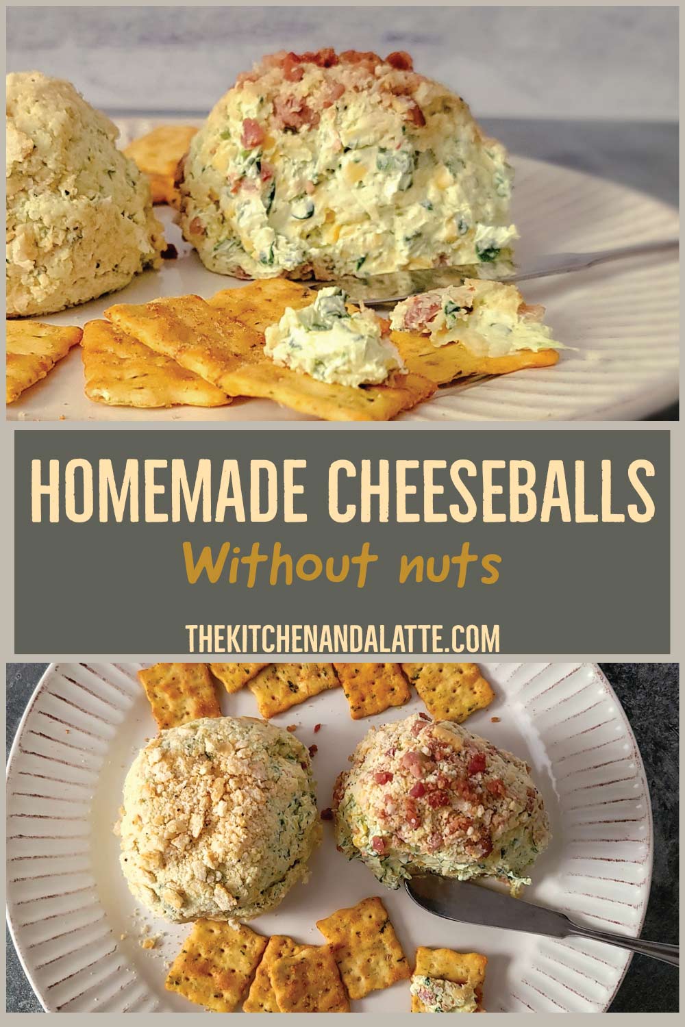 Homemade cheeseballs without nuts Pinterest graphic. 2 cheeseballs on a plate with crackers spread around them. 2 of the crackers have cheese spread on them.