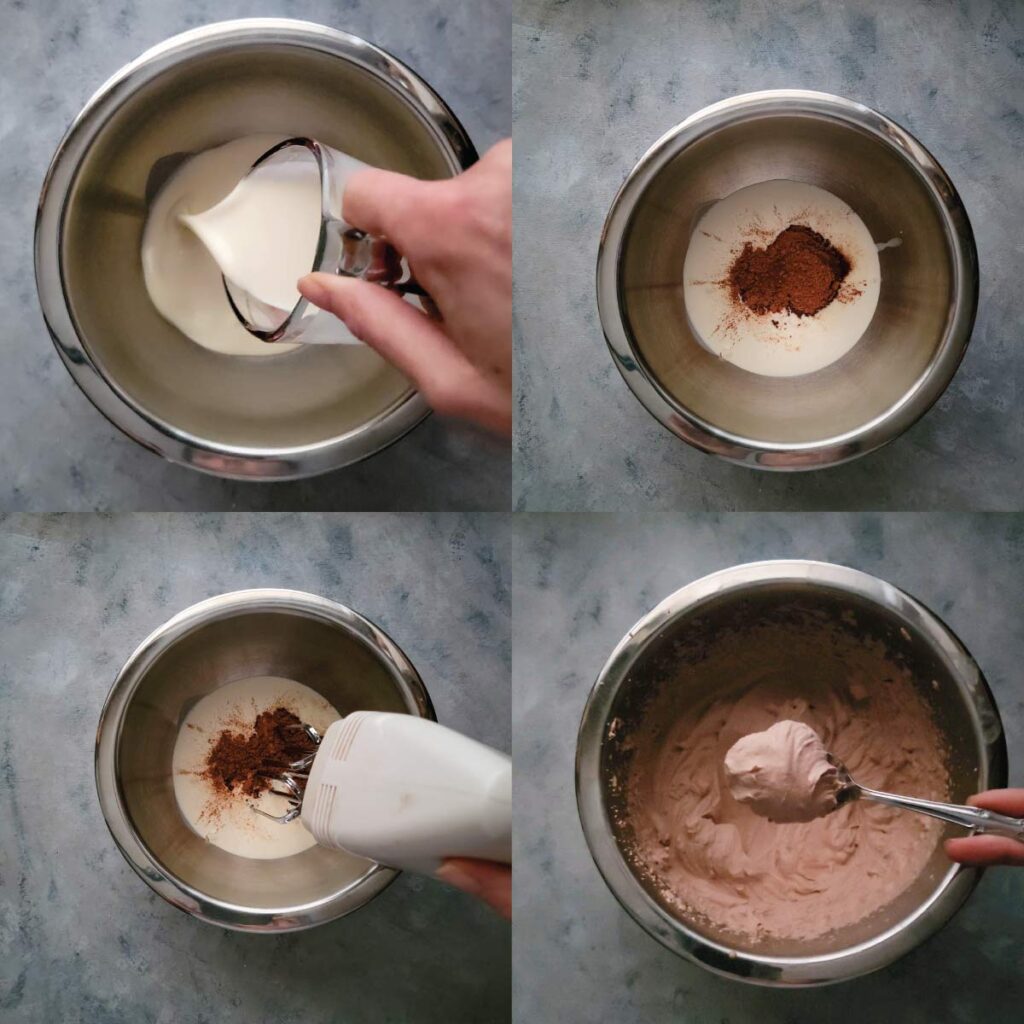 Collage of steps - pouring heavy cream into mixing bowl, remaining ingredients added, mixer in the bowl ready to mix and whipped cream in a mixing bowl with a spoon scooping some out.