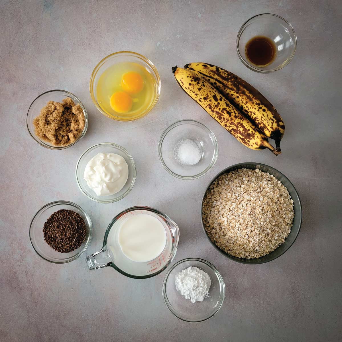 Pancake ingredients measured out and in prep bowls ready to make the batter.