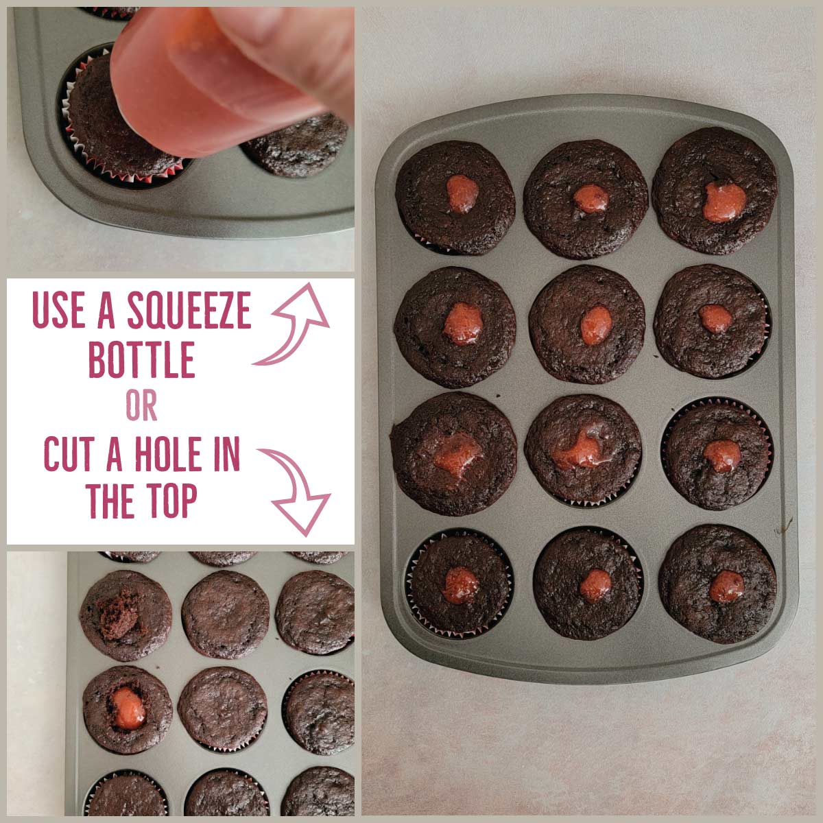 Use a squeeze bottle with a picture of a bottle being used to fill cupcakes or cut a hole in the top with a picture of a hole cut out and strawberry filling added.