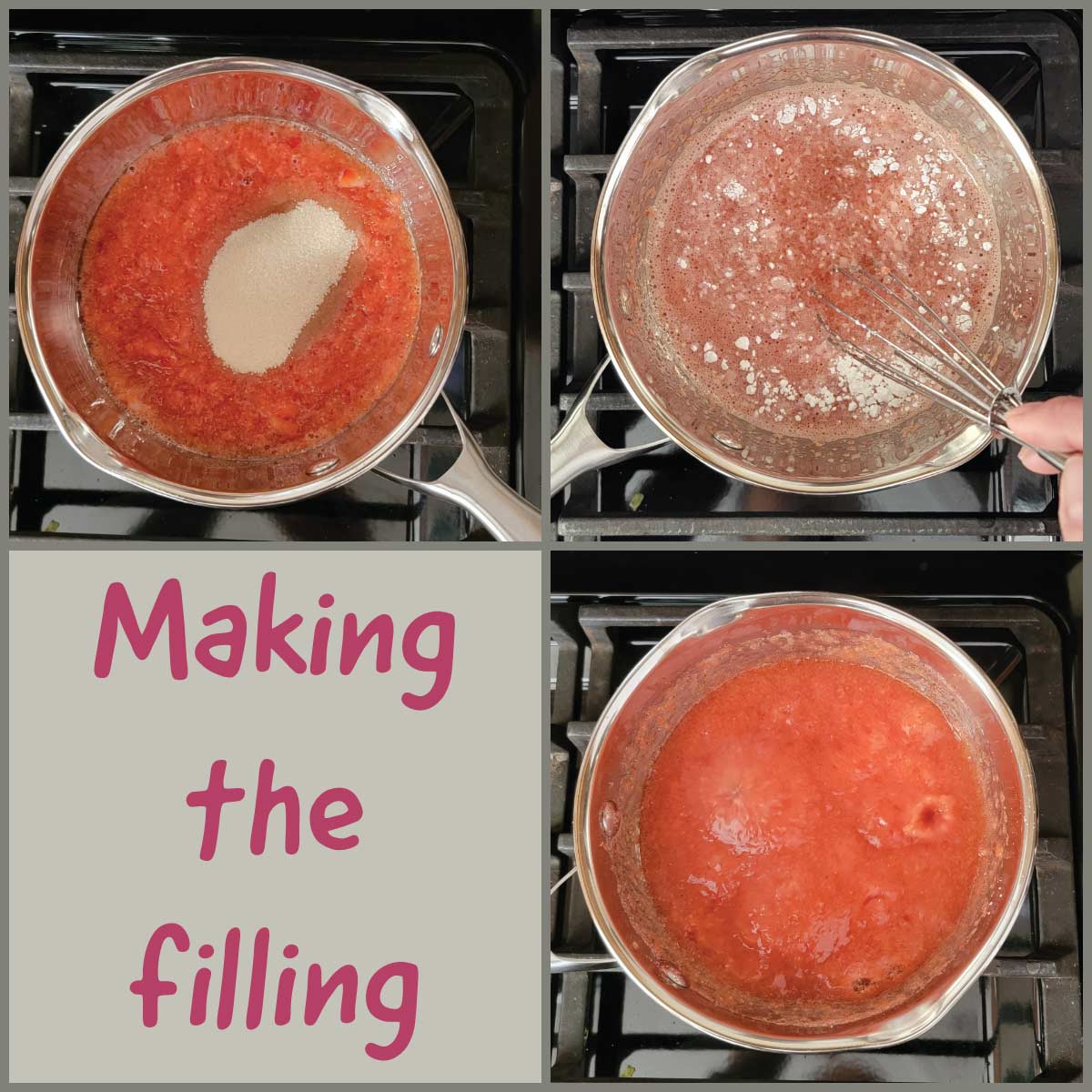 Making the strawberry filling steps - adding strawberries, water and sugar then adding the cornstarch.