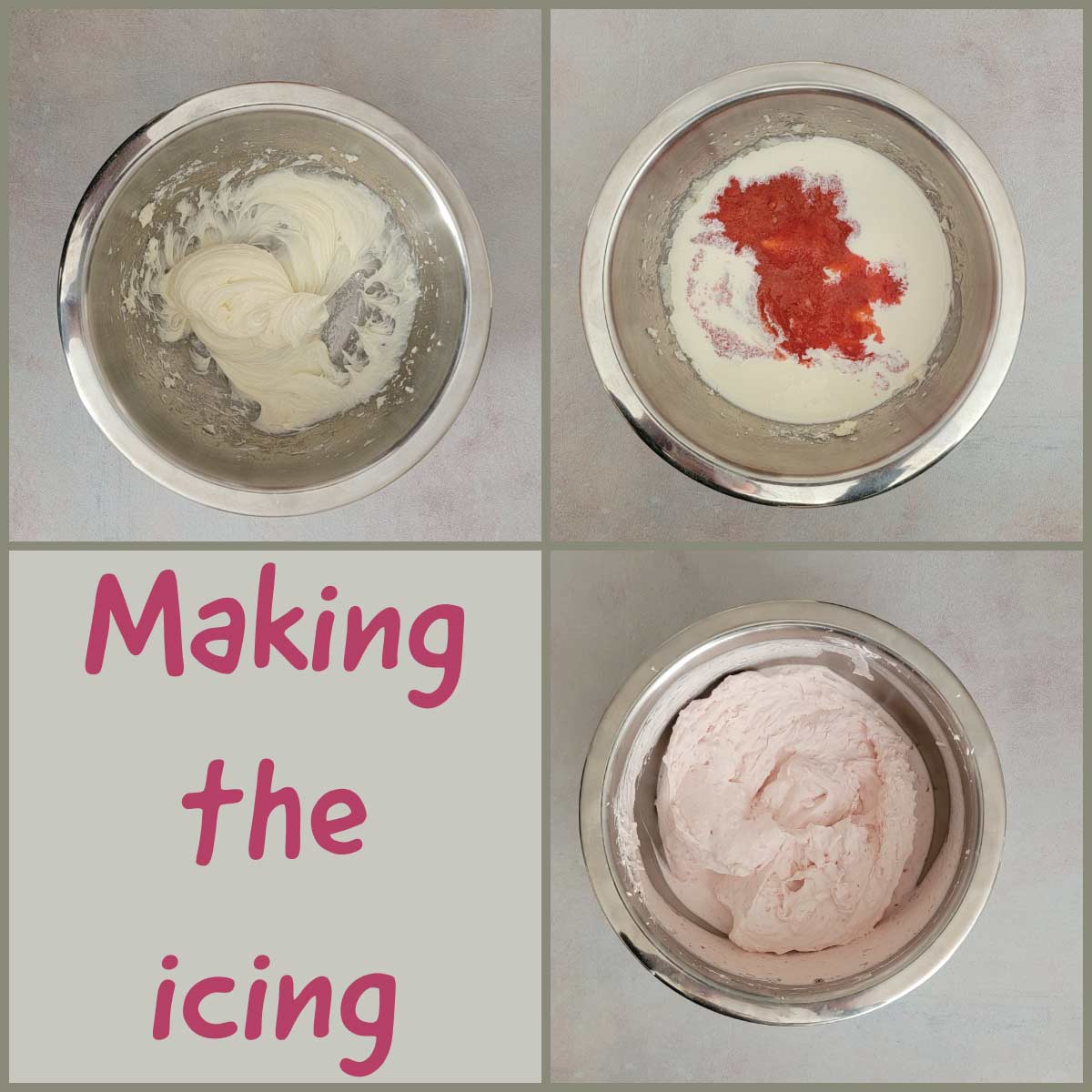 Making the icing steps - the cream cheese and powdered sugar creamed together, adding the strawberries and heavy cream.