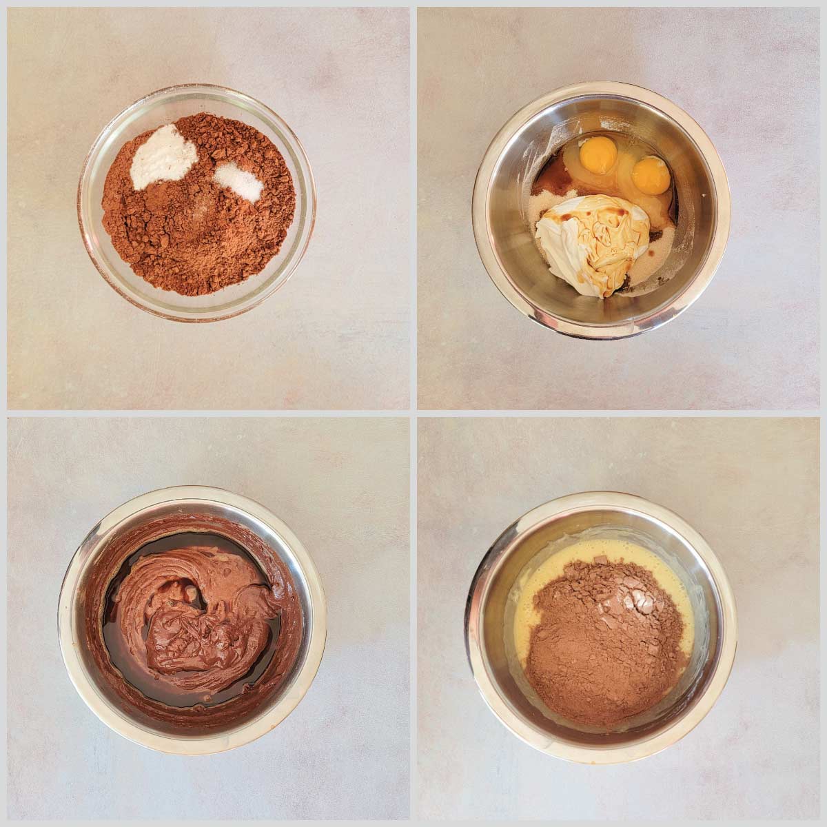 Step by step pictures for mixing batter - mixing dry ingredients, mixing wet ingredients, combining wet and dry, and adding the hot espresso.