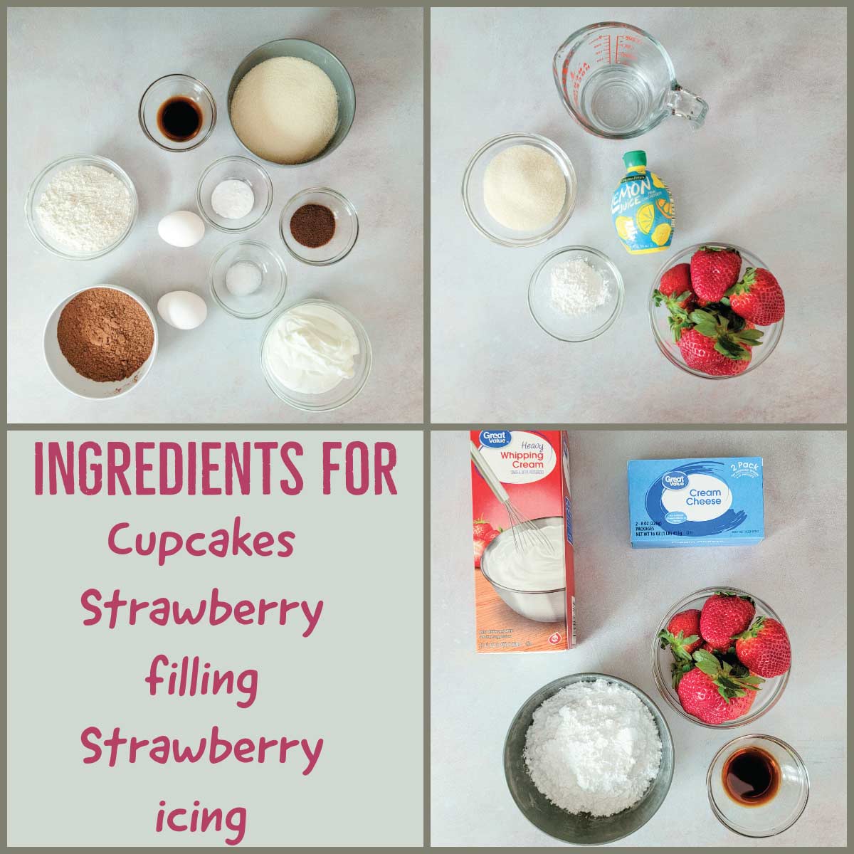 Ingredients prepped for chocolate cupcakes, strawberry filling and strawberry icing.