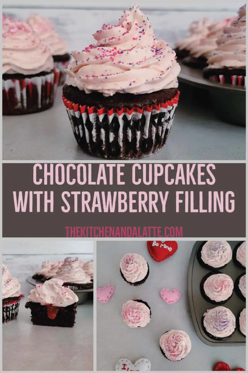 Chocolate cupcakes with strawberry filling Pinterest graphic. Iced cupcakes, one is up close and another cut in half to show the strawberry filling in the center.