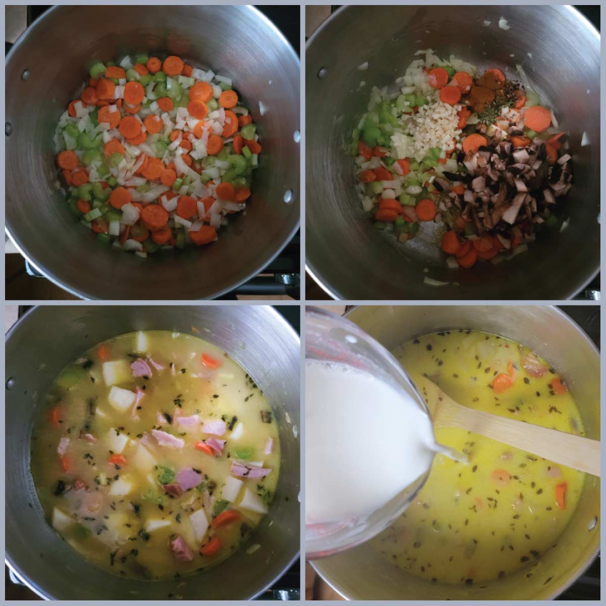 Step by step pictures. Big pot with carrots, celery, butter and onion cooking. Then the mushrooms, garlic and seasonings are added. Next is the potatoes, broth and half of the milk. Last is the remaining milk mixed with the flour being poured into the soup.