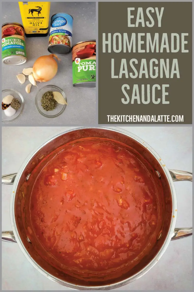 Easy homemade lasagna sauce Pinterest graphic - ingredients for the sauce and the sauce in a pot after cooking ready to use.