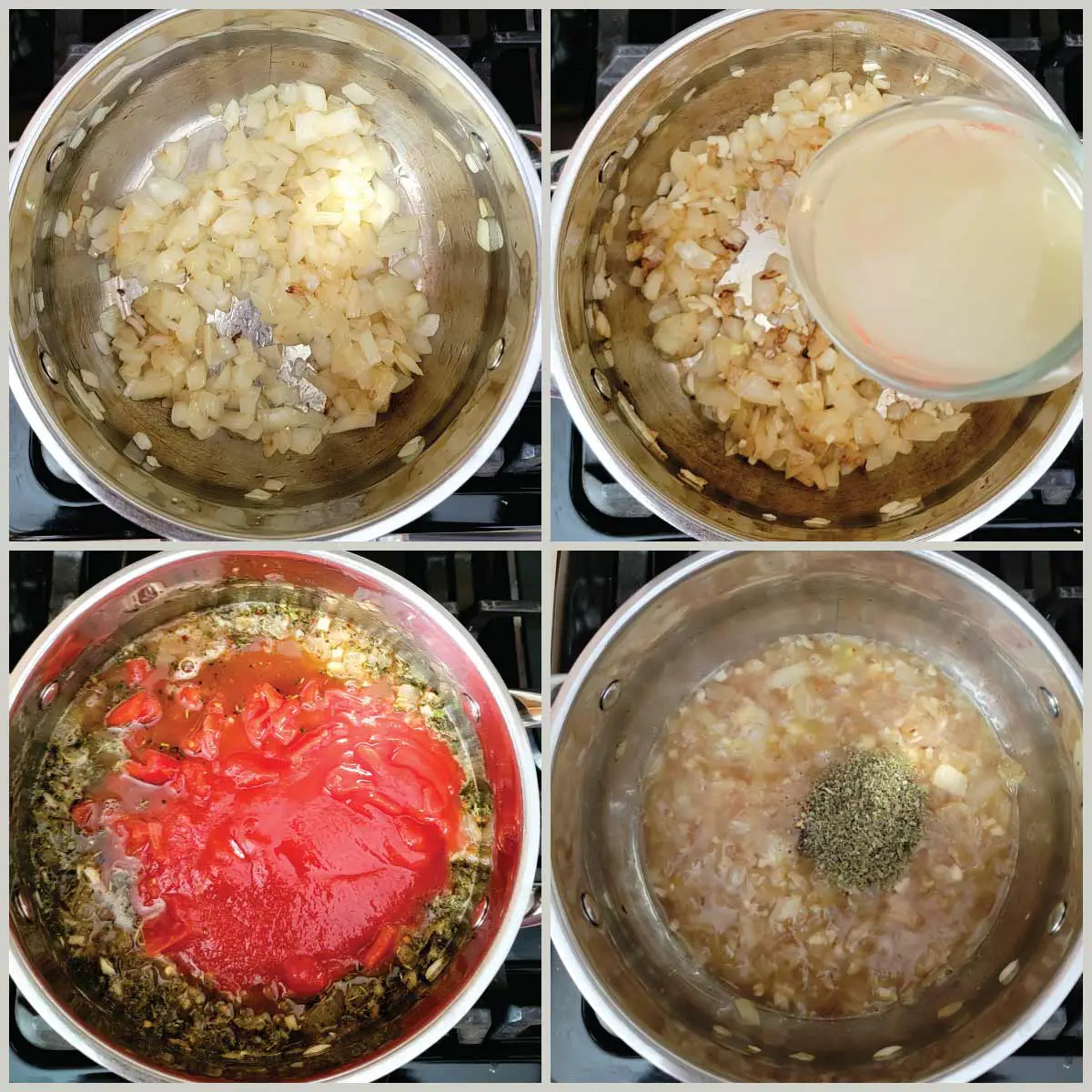 Homemade lasagna sauce step collage - sautéing onions, adding the broth, adding seasonings and then the tomatoes.