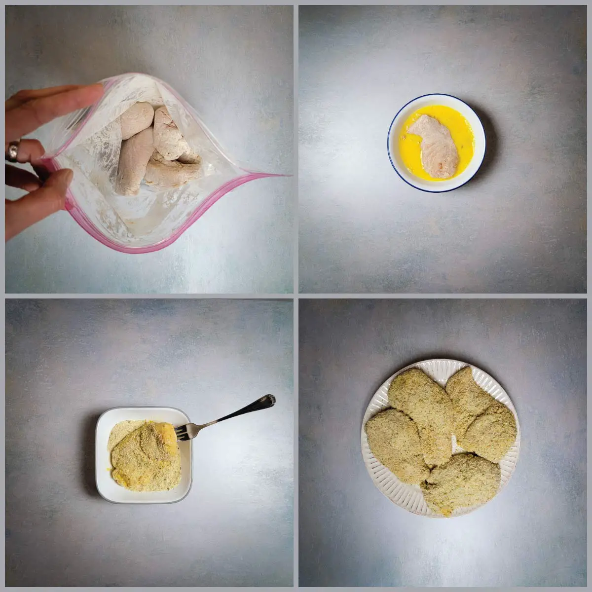 Step by step pictures for breading chicken. Chicken in a gallon sized bag getting coated with flour mixture, then dipped into egg mixture before going into the bread crumb parmesan mixture. Then all 4 breasts coated on a plate.
