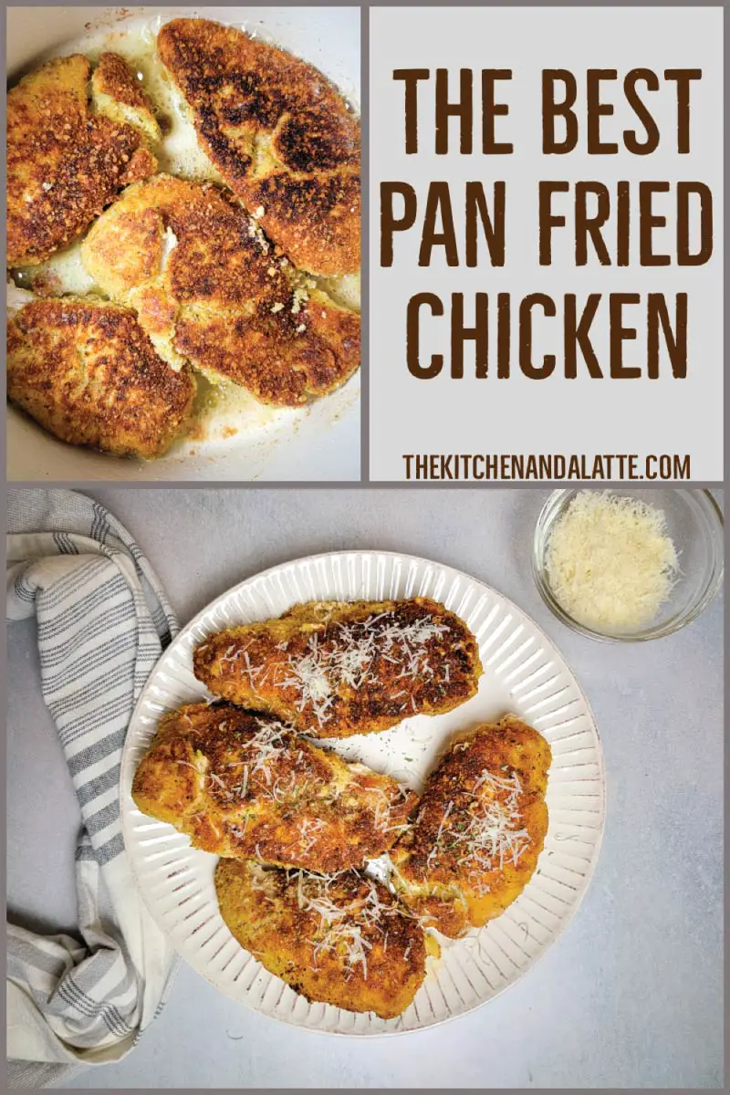 The best pan fried chicken Pinterest graphic. Breaded fried chicken breasts cooking in a Dutch oven and then on a plate garnished with freshly shredded parmesan cheese.