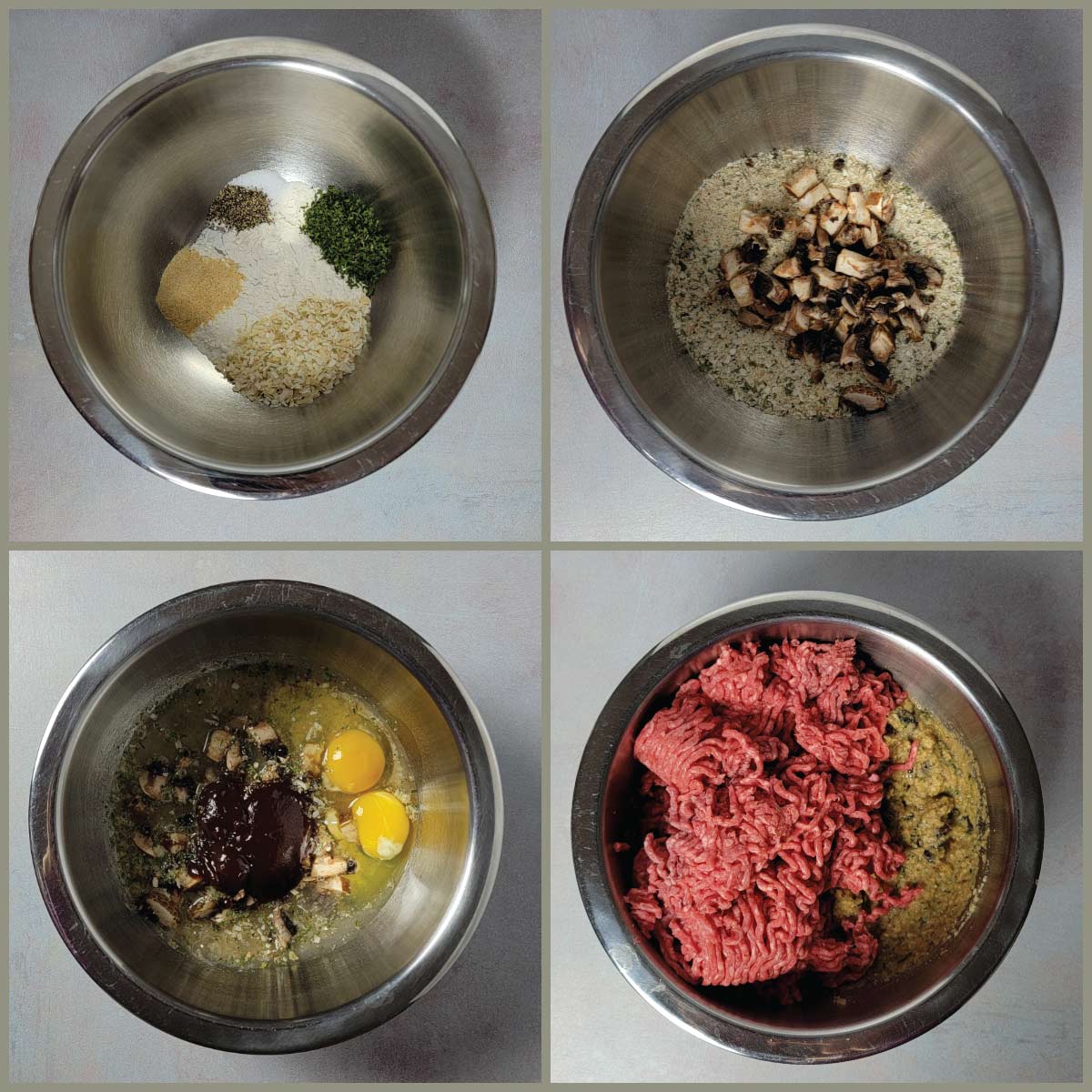 Collage of steps for mixing the meatloaf - mixing the onion soup substitute ingredients, adding bread crumbs and mushrooms, adding the water, eggs and BBQ sauce, and the adding the meat last.