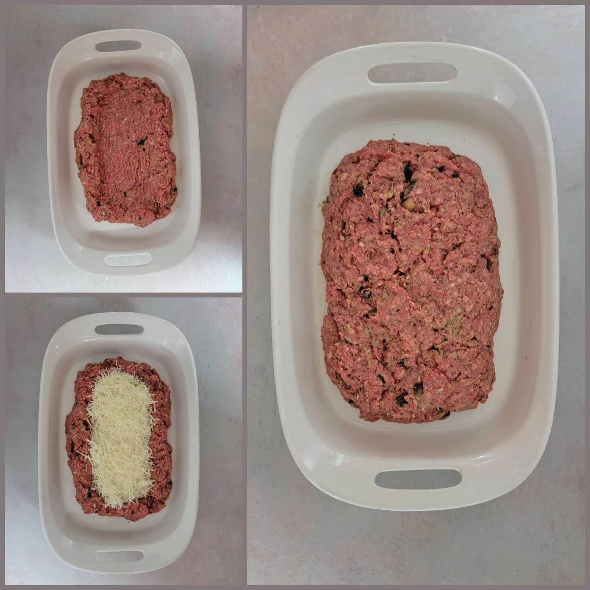 Collage of steps for stuffing meatloaf - packing down the center of the mix to form a huge indent, adding the cheese and topping the cheese with remaining mix to cover the cheese.
