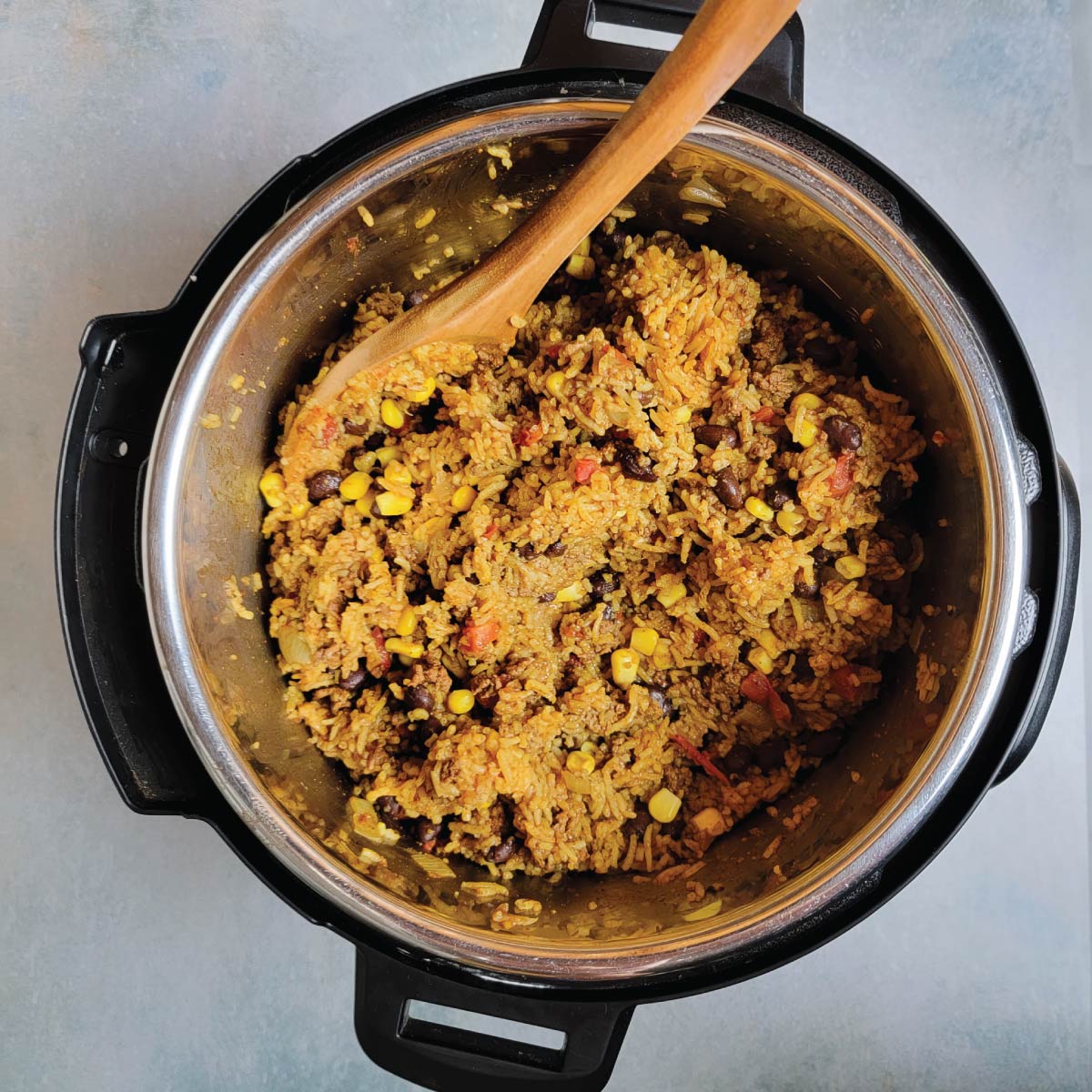 Taco rice prepared and in the Instant Pot just before serving.