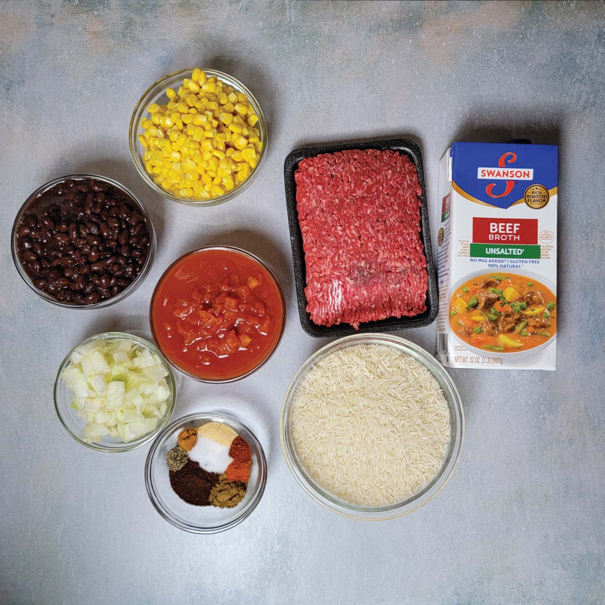 Taco rice ingredients prepped and ready to use.