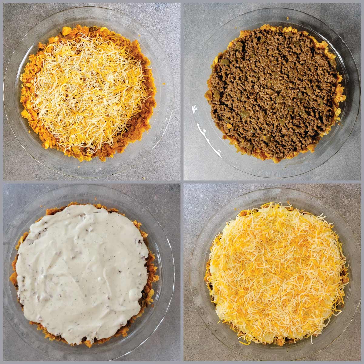 Steps for assembling the layers - adding the first layer of cheese, adding the meat, adding a layer of sour cream and topping with the cheese.
