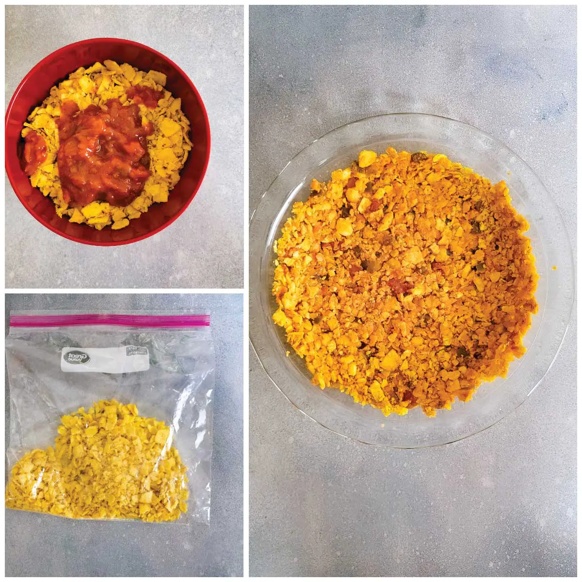 Steps for making the crust - crushed corn chips, adding the salsa to the chips and pressing the mixture down into a pie dish.