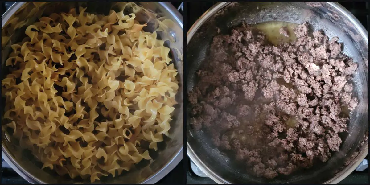 Pasta in broth cooking and ground beef cooking in a frying pan.
