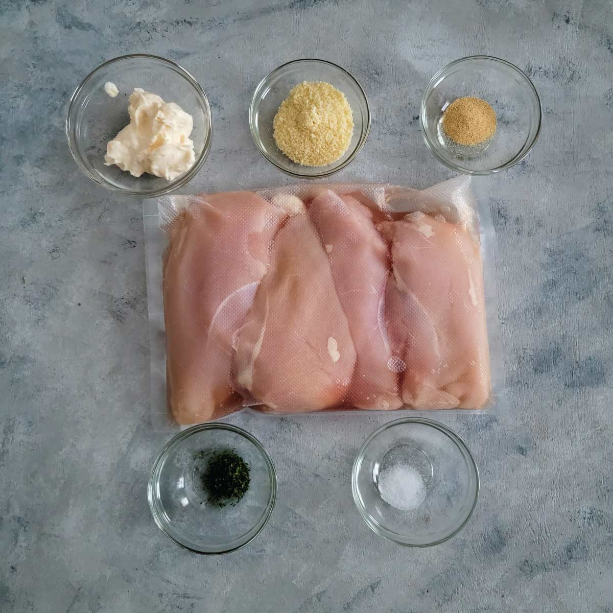 Ingredients prepped for the parmesan crusted chicken breasts.