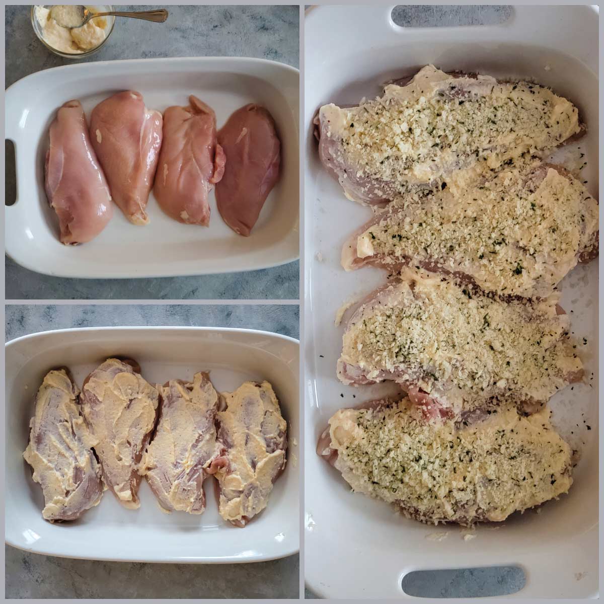 Steps for coating the chicken breasts - coating with mayo mixture and then topping with breadcrumbs.