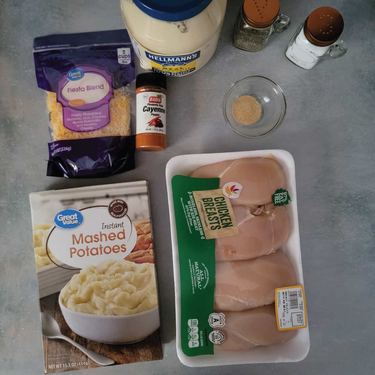 Ingredients for potato flake chicken breasts.