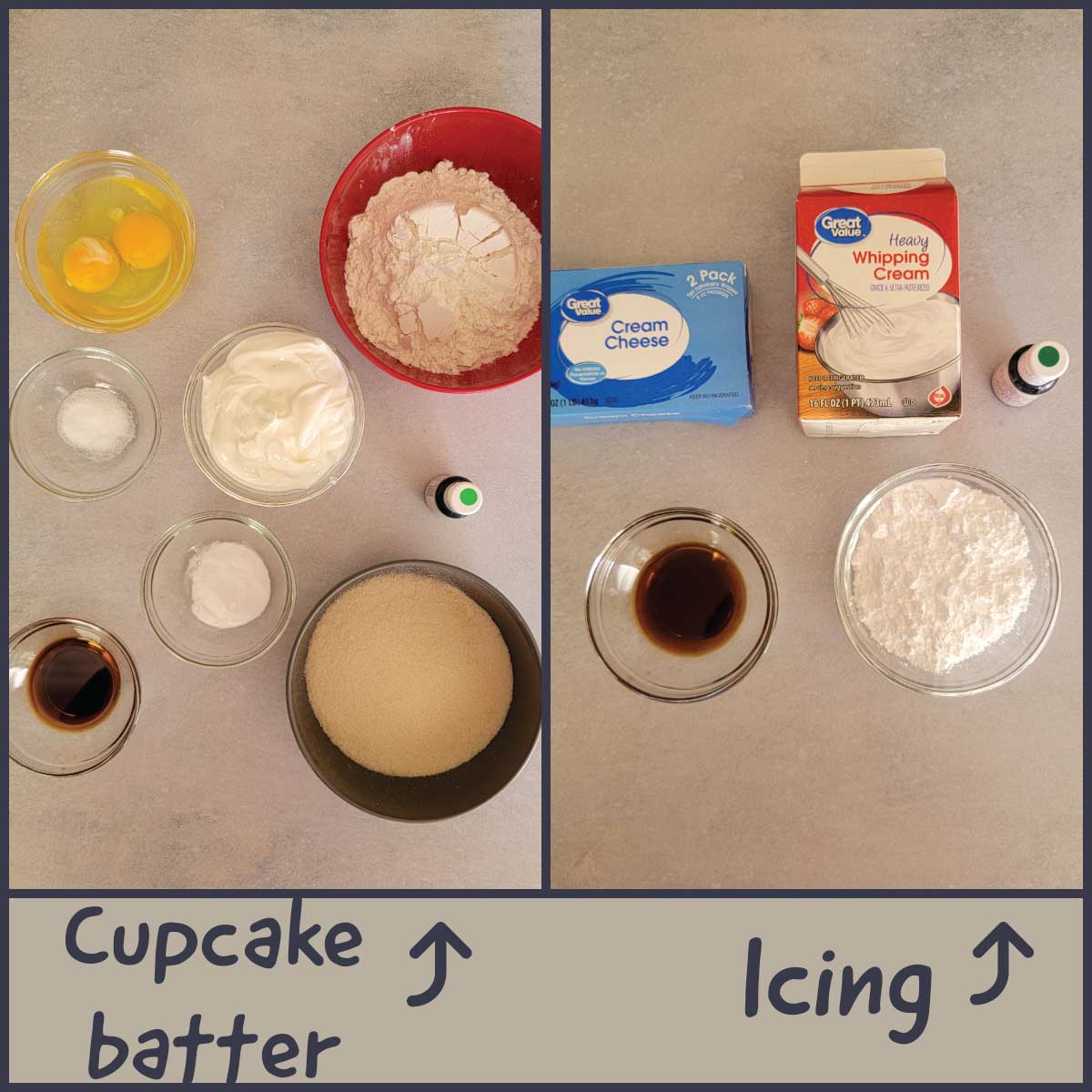 Ingredients for the cupcake batter and icing for the cupcakes.