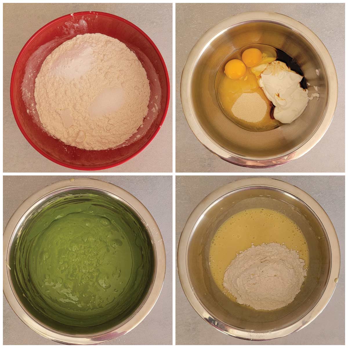 Steps for mixing and coloring the batter for the St. Patrick's Day cupcakes.