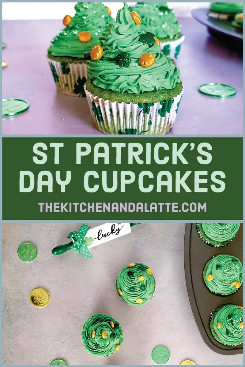 St. Patrick's Day Cupcakes Pinterest graphic - green cupcakes with green icing decorated with clovers and gold candy pieces.