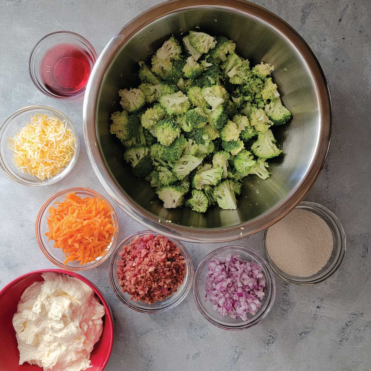 Ingredients prepped for making broccoli salad.