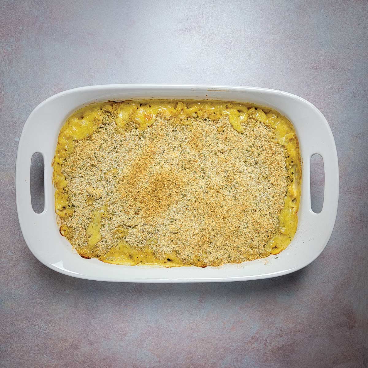 Huntington chicken casserole in a baking dish ready to serve.